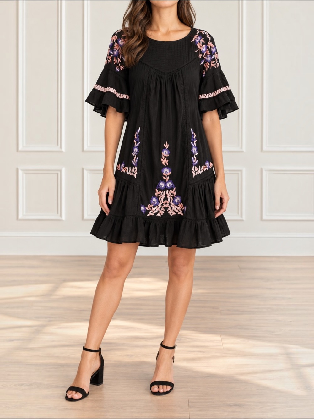 Free People Pavlo Dress Size XS Black Floral Embroidered Babydoll Ruffle Boho